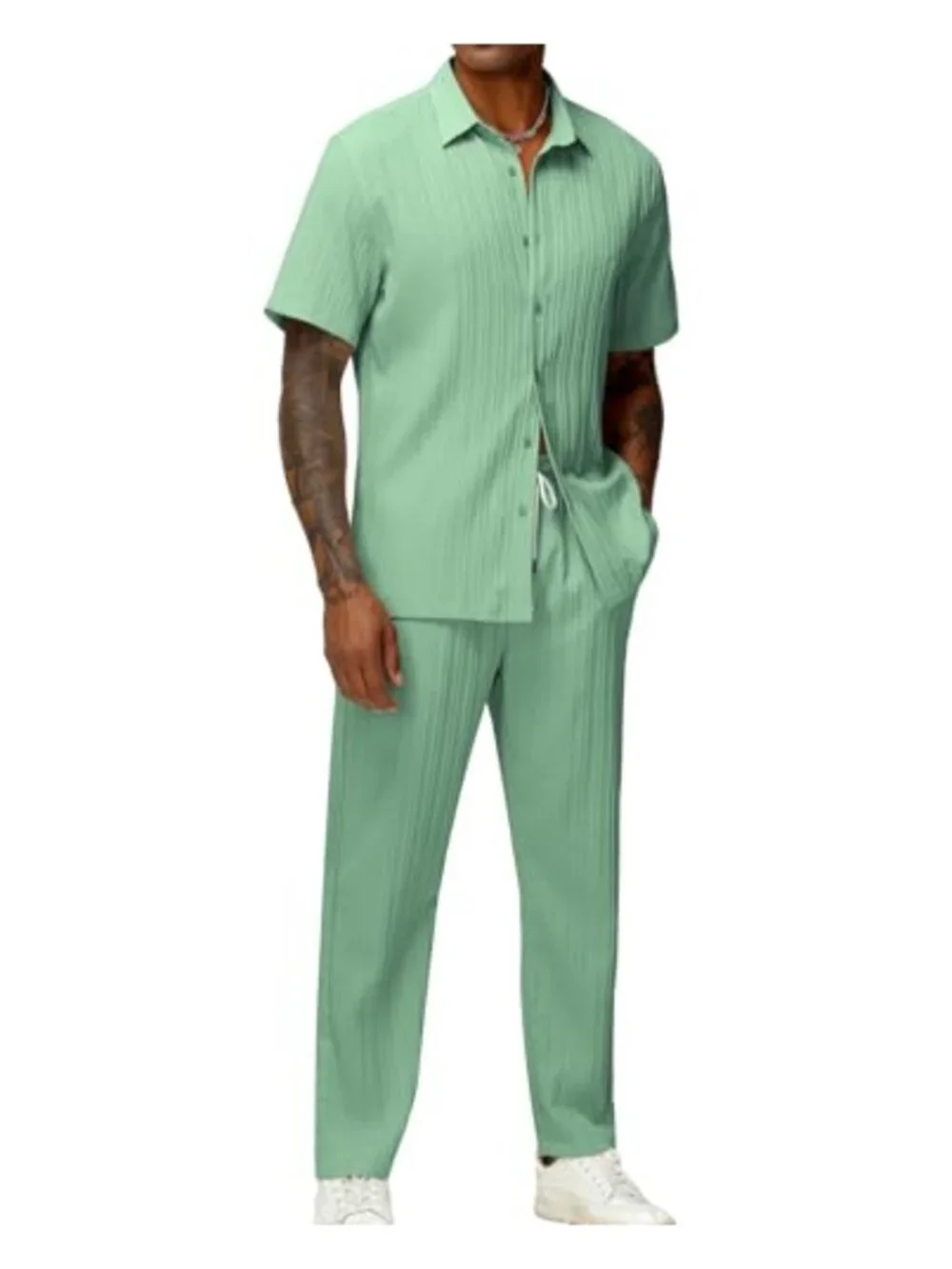 Men's 2 Piece Summer Matching Outfits Textured Striped Short Sleeve Button Down